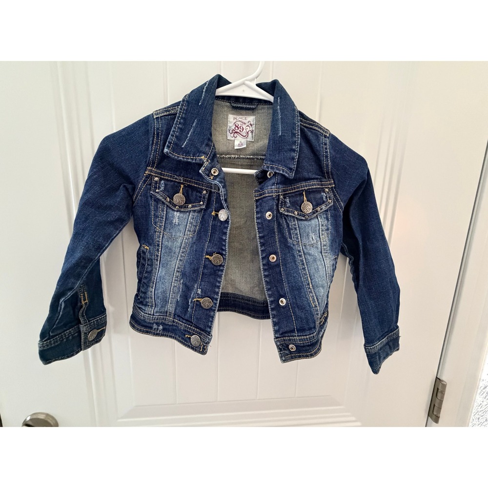 The Childrens Place Girls Denim Jacket Blue Dark Wash Distressed Size S 5/6